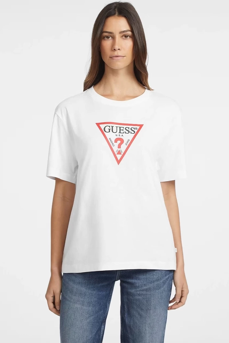 Guess Kadın Beyaz Oversize Bisiklet Yaka Pamuklu T-shirt