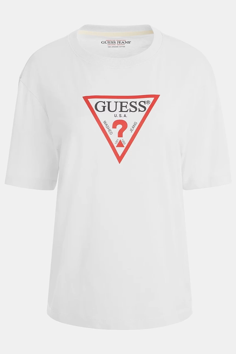Guess Kadın Beyaz Oversize Bisiklet Yaka Pamuklu T-shirt