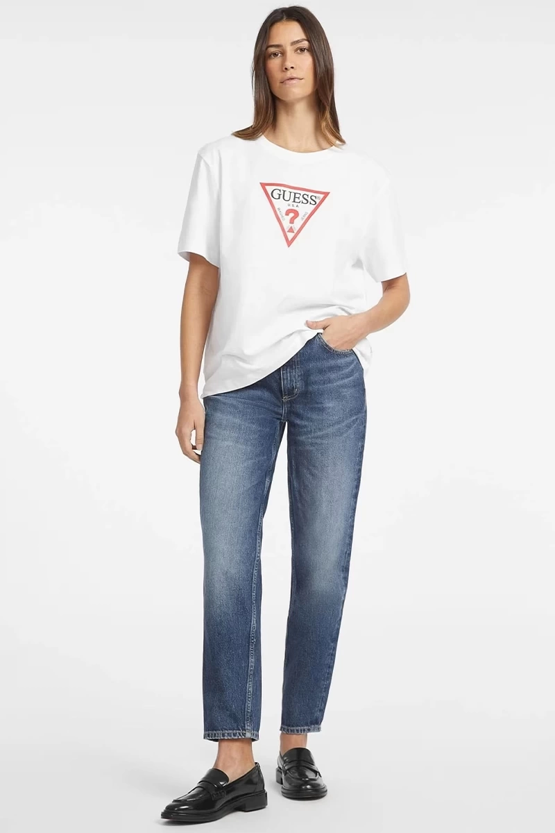 Guess Kadın Beyaz Oversize Bisiklet Yaka Pamuklu T-shirt