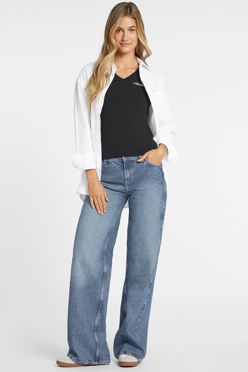 Guess Jeans Kadın Mini Siyah V Yaka T-Shirt