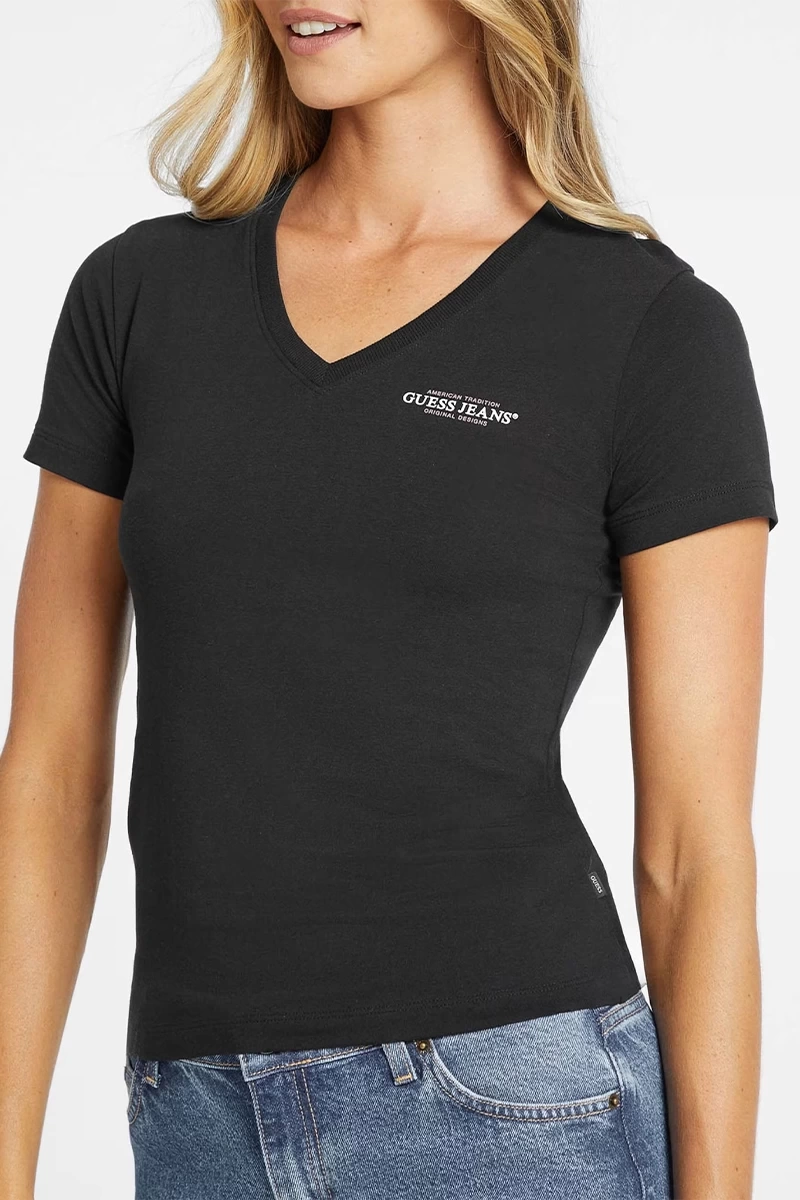 Guess Jeans Kadın Mini Siyah V Yaka T-Shirt