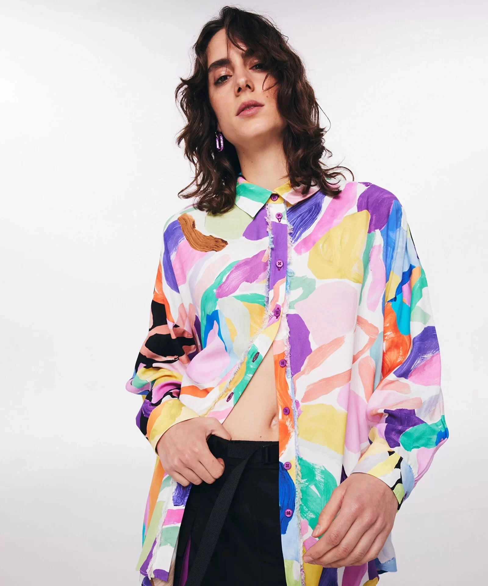 Twist Ekru Desenli Oversize Gömlek