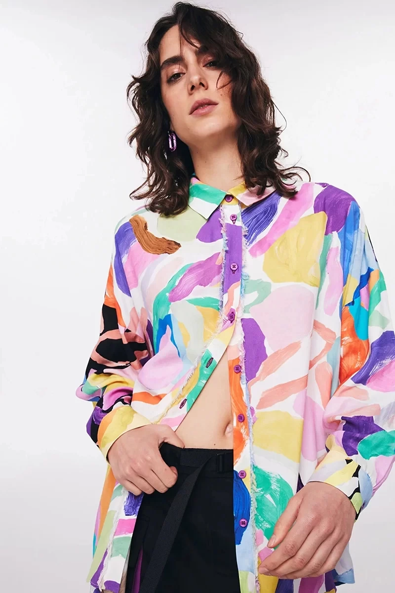 Twist Ekru Desenli Oversize Gömlek
