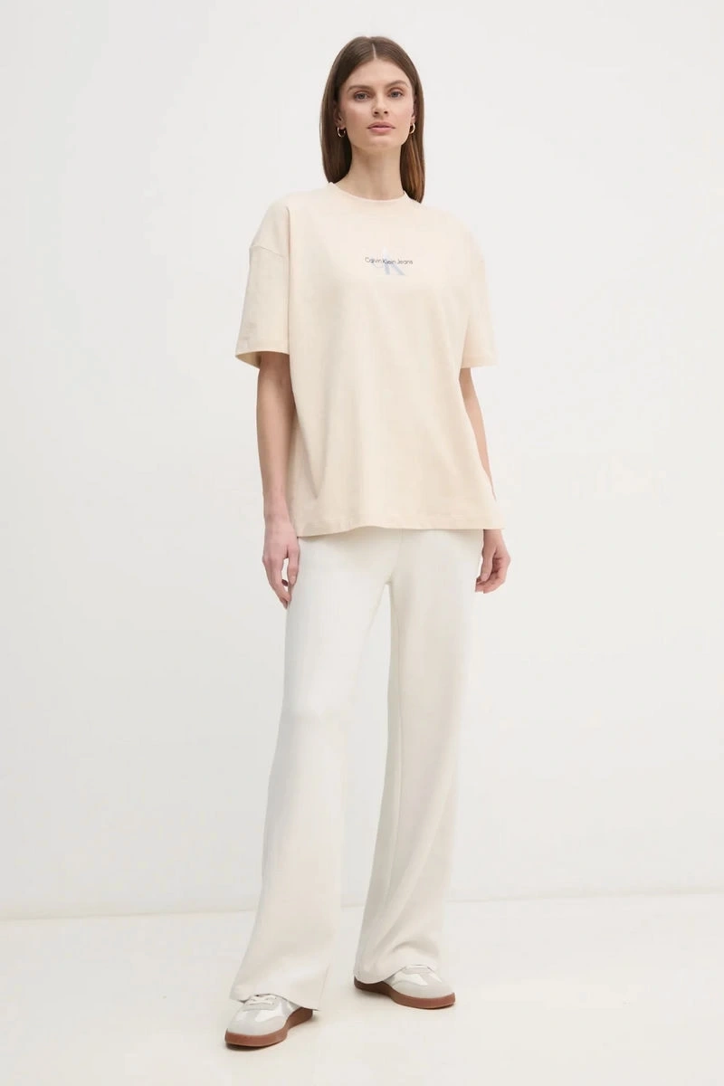 Calvin Klein Kadın Logo Baskılı Ekru T-shirt