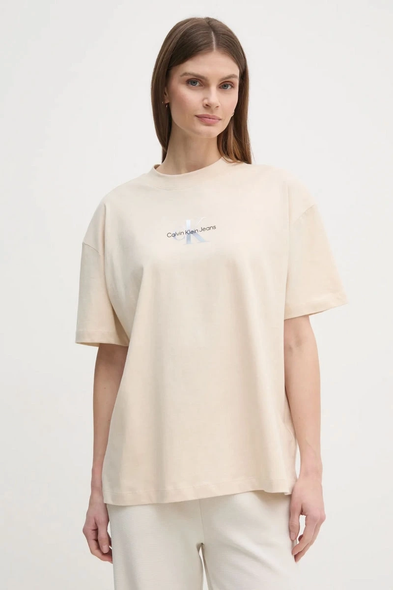 Calvin Klein Kadın Logo Baskılı Ekru T-shirt