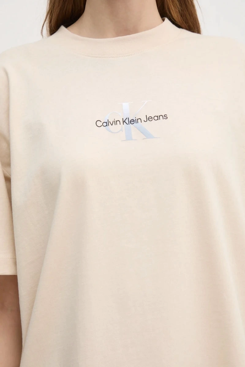 Calvin Klein Kadın Logo Baskılı Ekru T-shirt