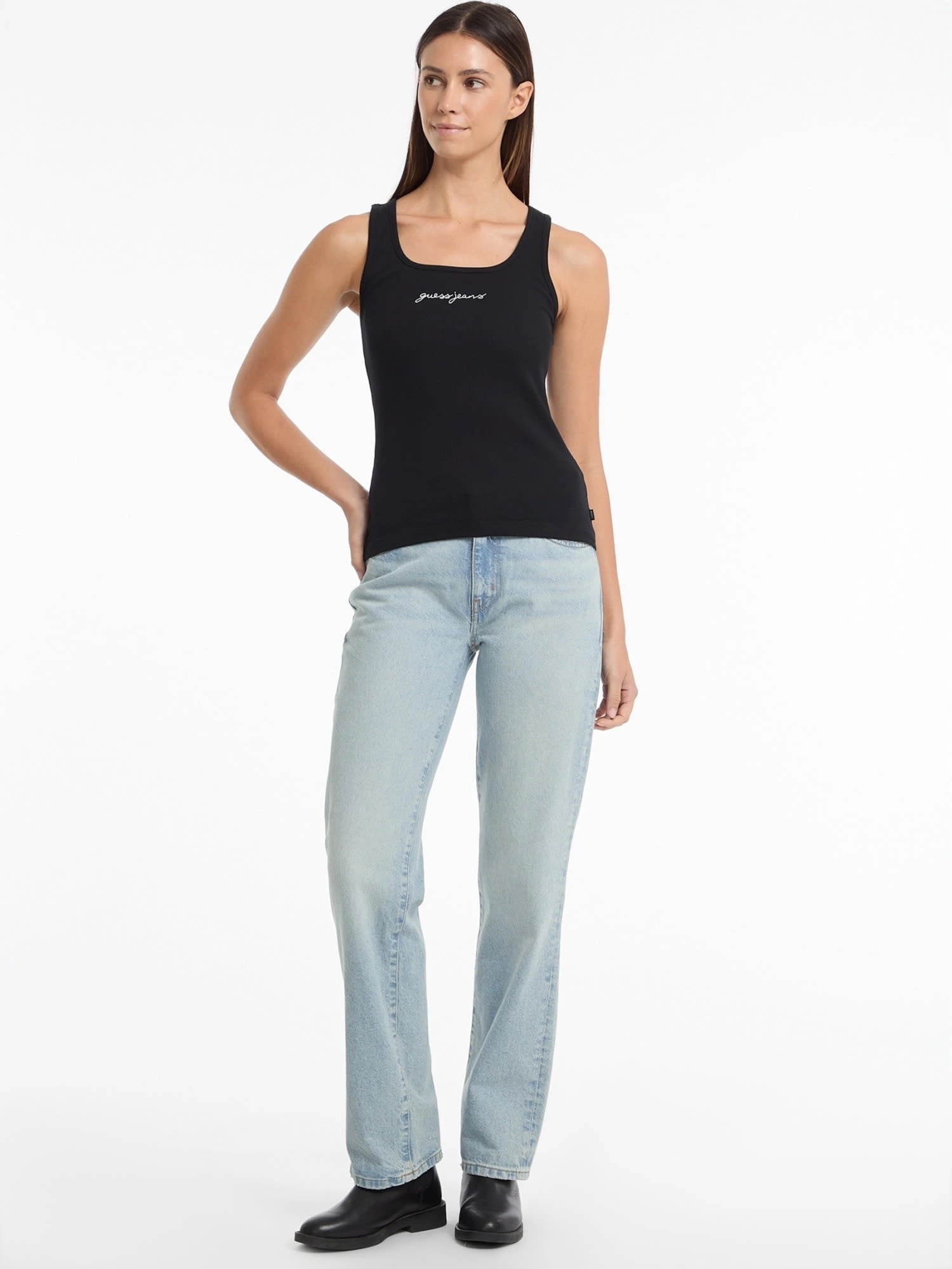 Gues Jeans Siyah Kadın Nakış İşlemeli Rib Örgü Kolsuz Üst