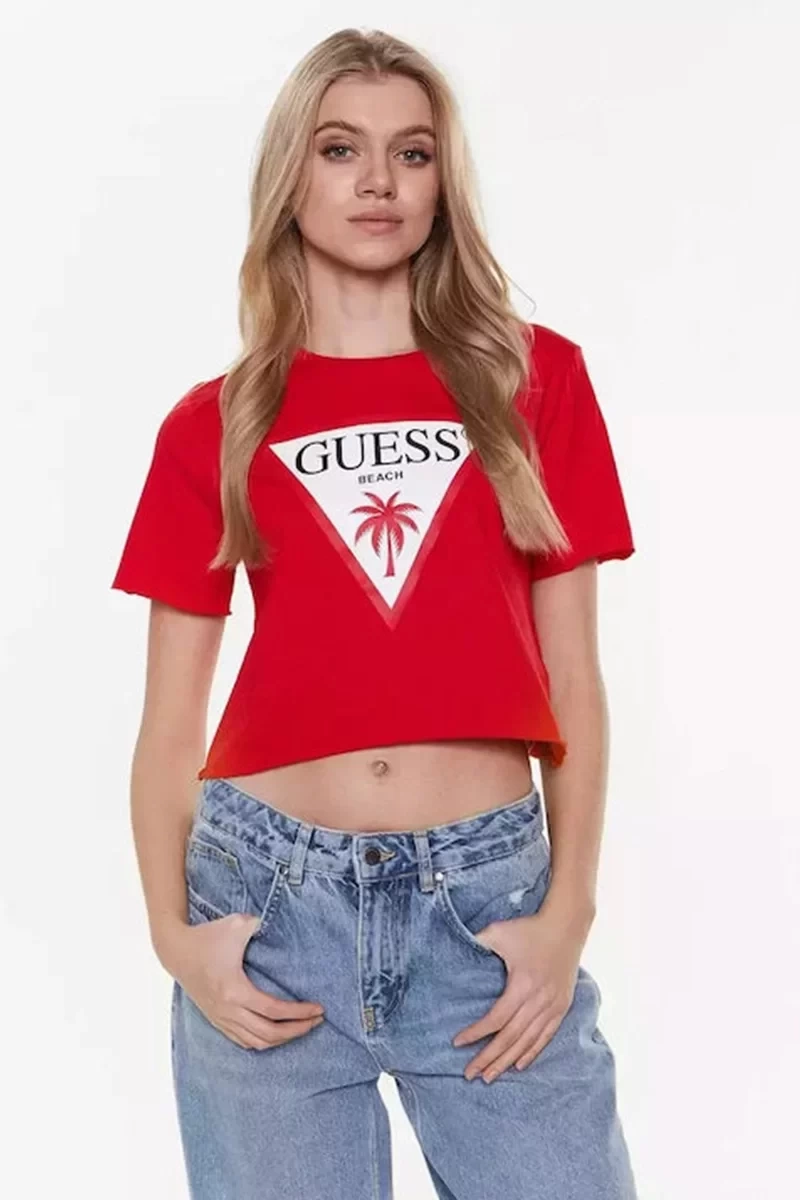 Gues Logolu Kırmızı Kadın  T-Shirt