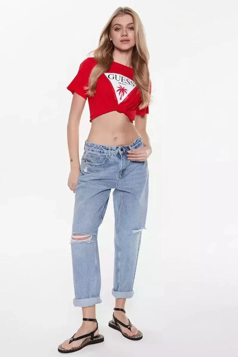 Gues Logolu Kırmızı Kadın  T-Shirt