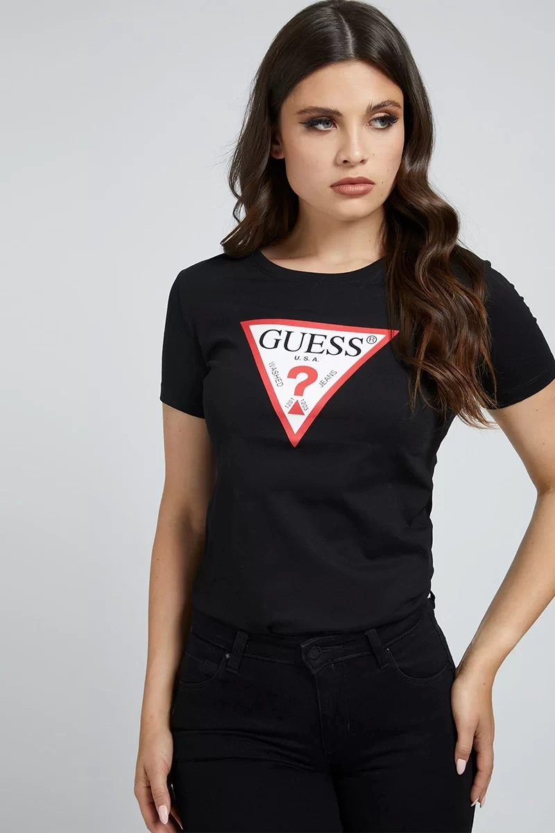 Guess  Bisiklet Yaka Slim Fit Desenli Siyah  Kadın T-Shirt