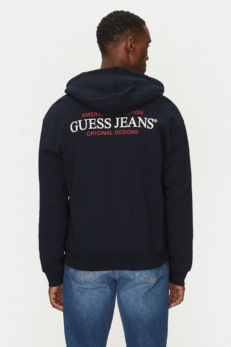 GUESS Erkek Bej Pamuklu Kapüşonlu Lacivert Sweatshirt