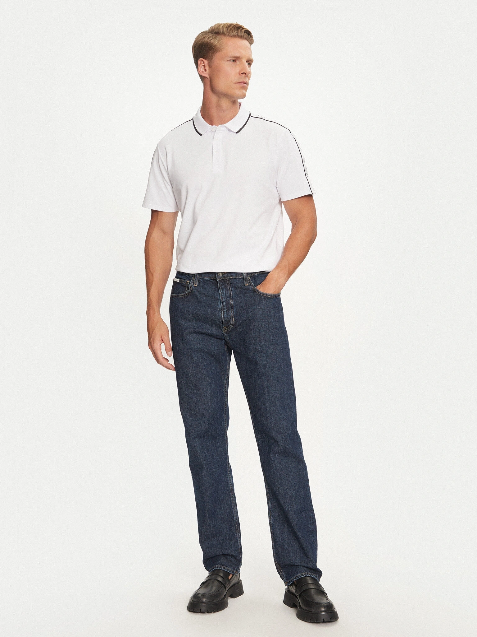 Guess Erkek Beyaz Quattro G Şeritli Polo Tişört