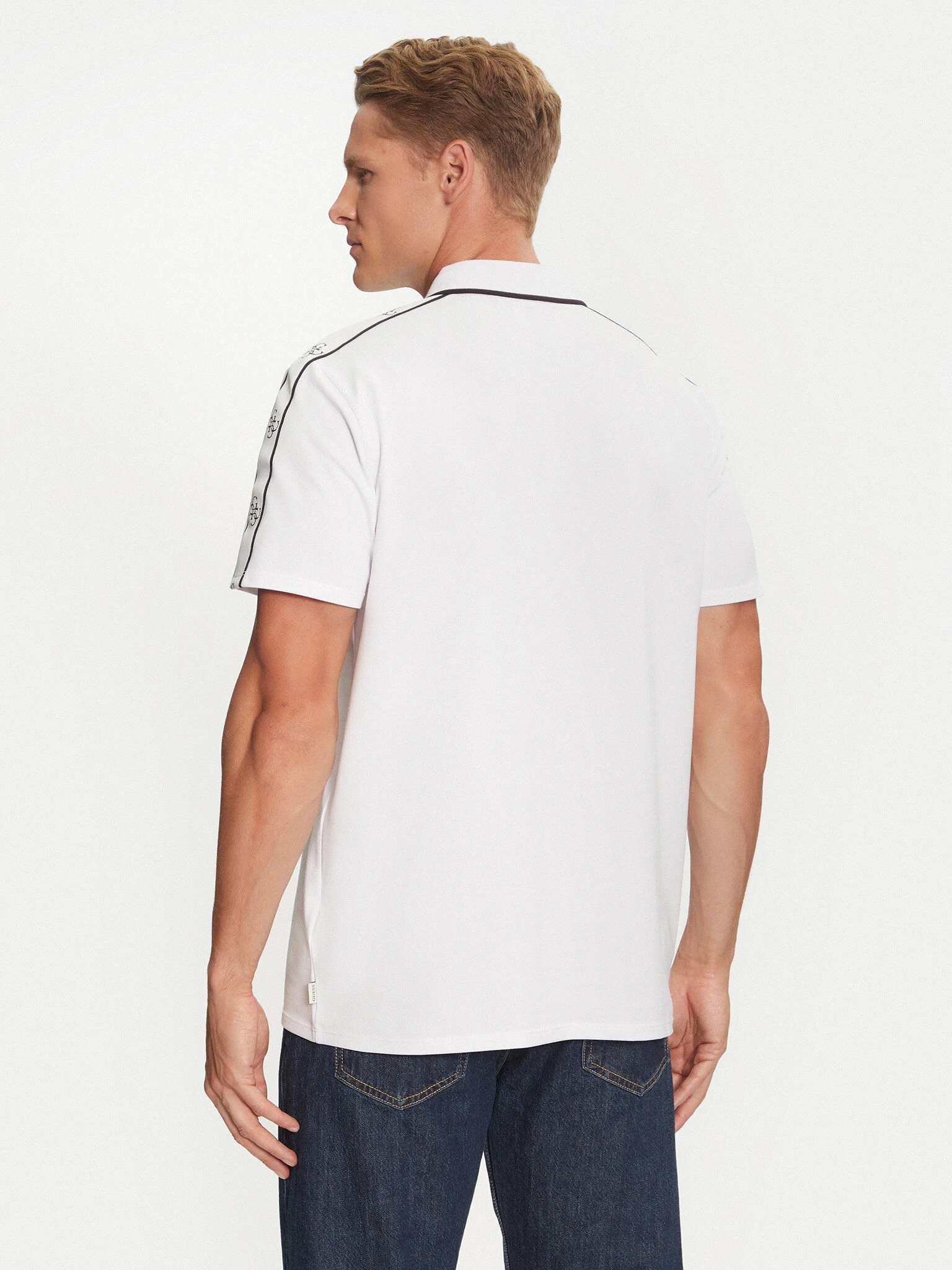Guess Erkek Beyaz Quattro G Şeritli Polo Tişört