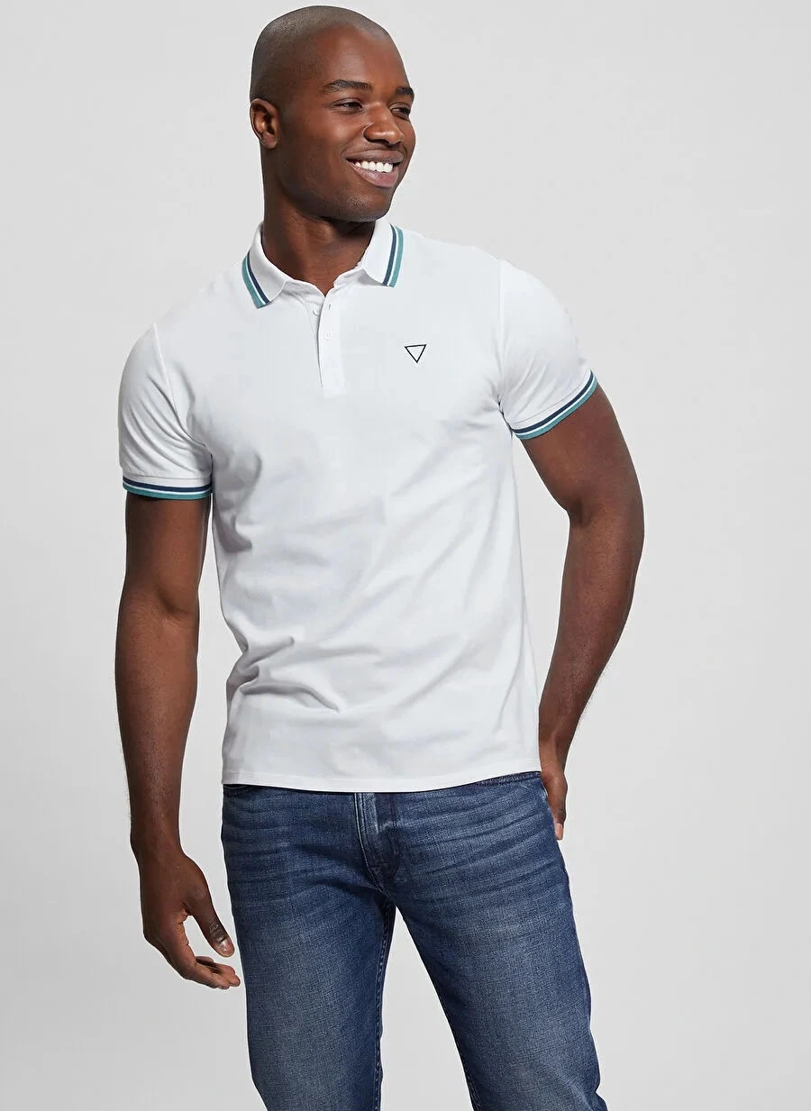 Guess Erkek Beyaz Spor Pike Triangle Polo Tişört