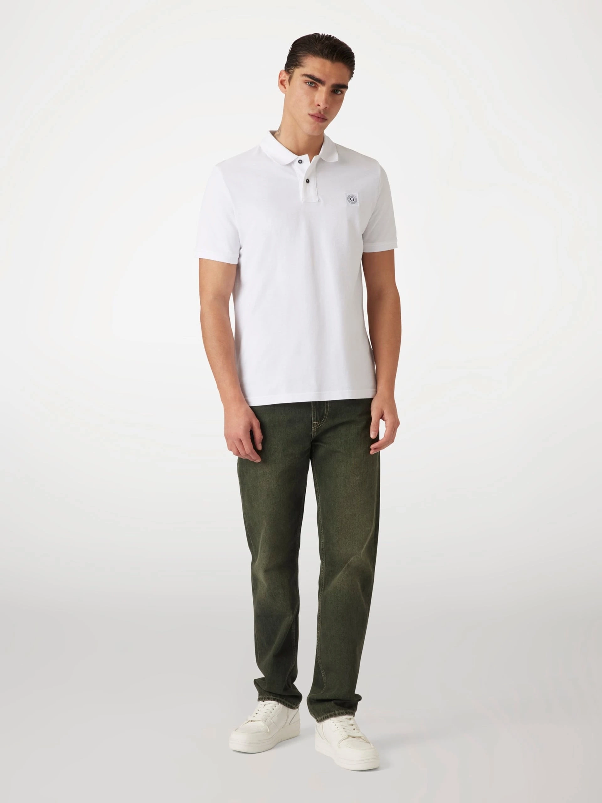 Guess Erkek Beyaz Yıkamalı Polo Tişört
