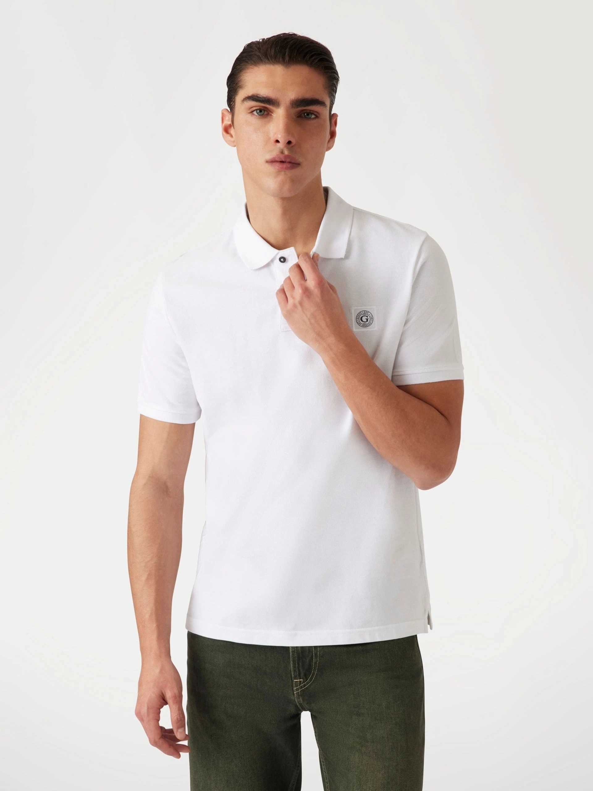 Guess Erkek Beyaz Yıkamalı Polo Tişört