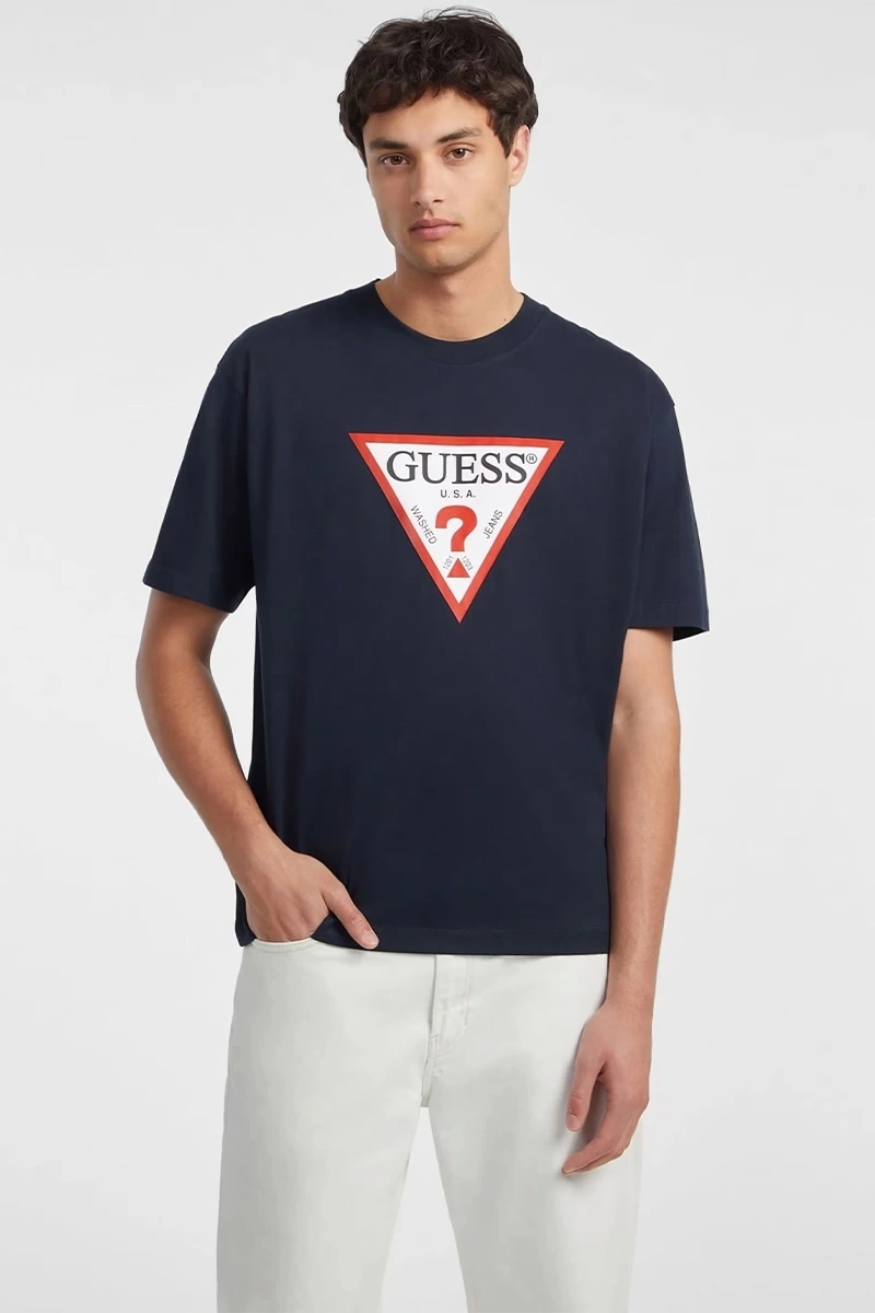 Guess Erkek Lacivert Üçgen Logolu  T-Shirt