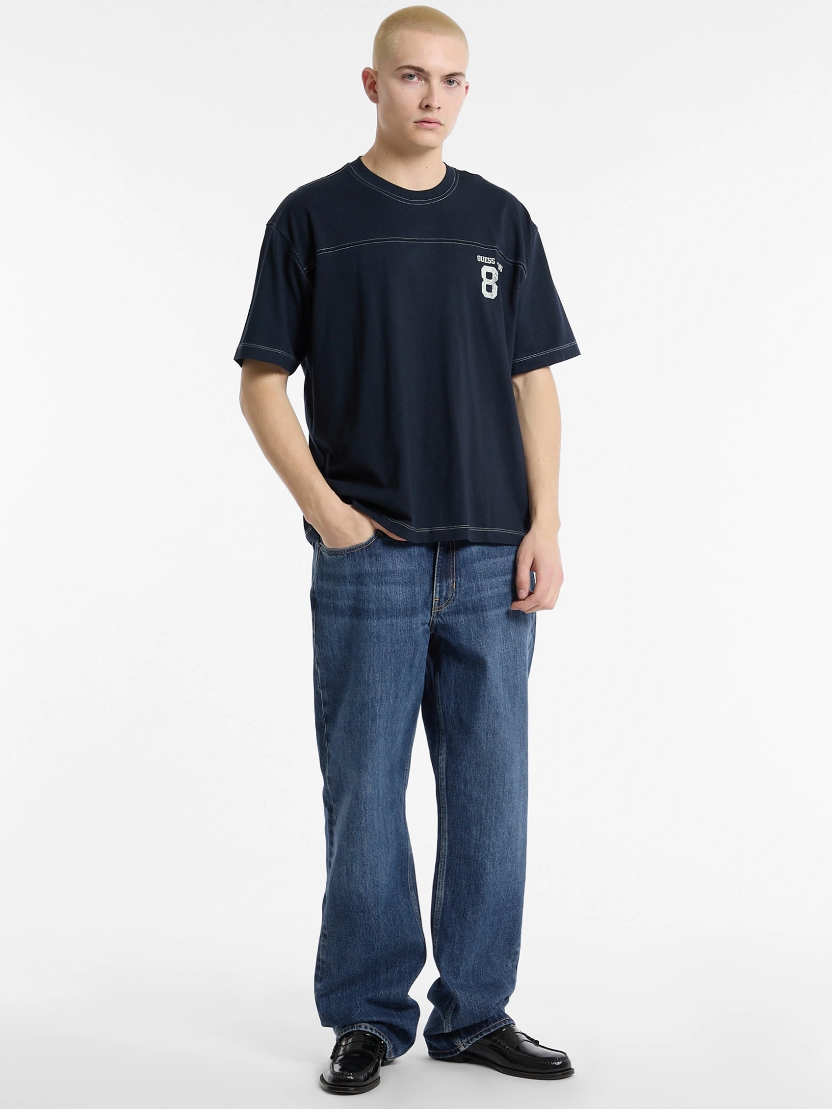 GUESS Erkek Mavi T-shirt - Logolu, Regular Fit