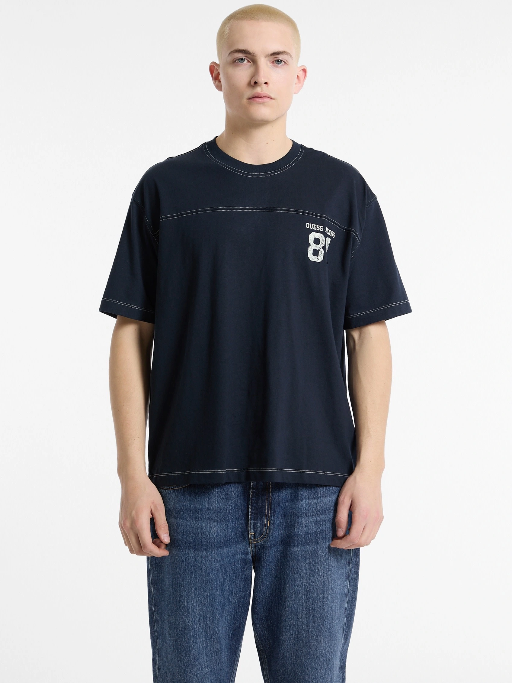 GUESS Erkek Mavi T-shirt - Logolu, Regular Fit
