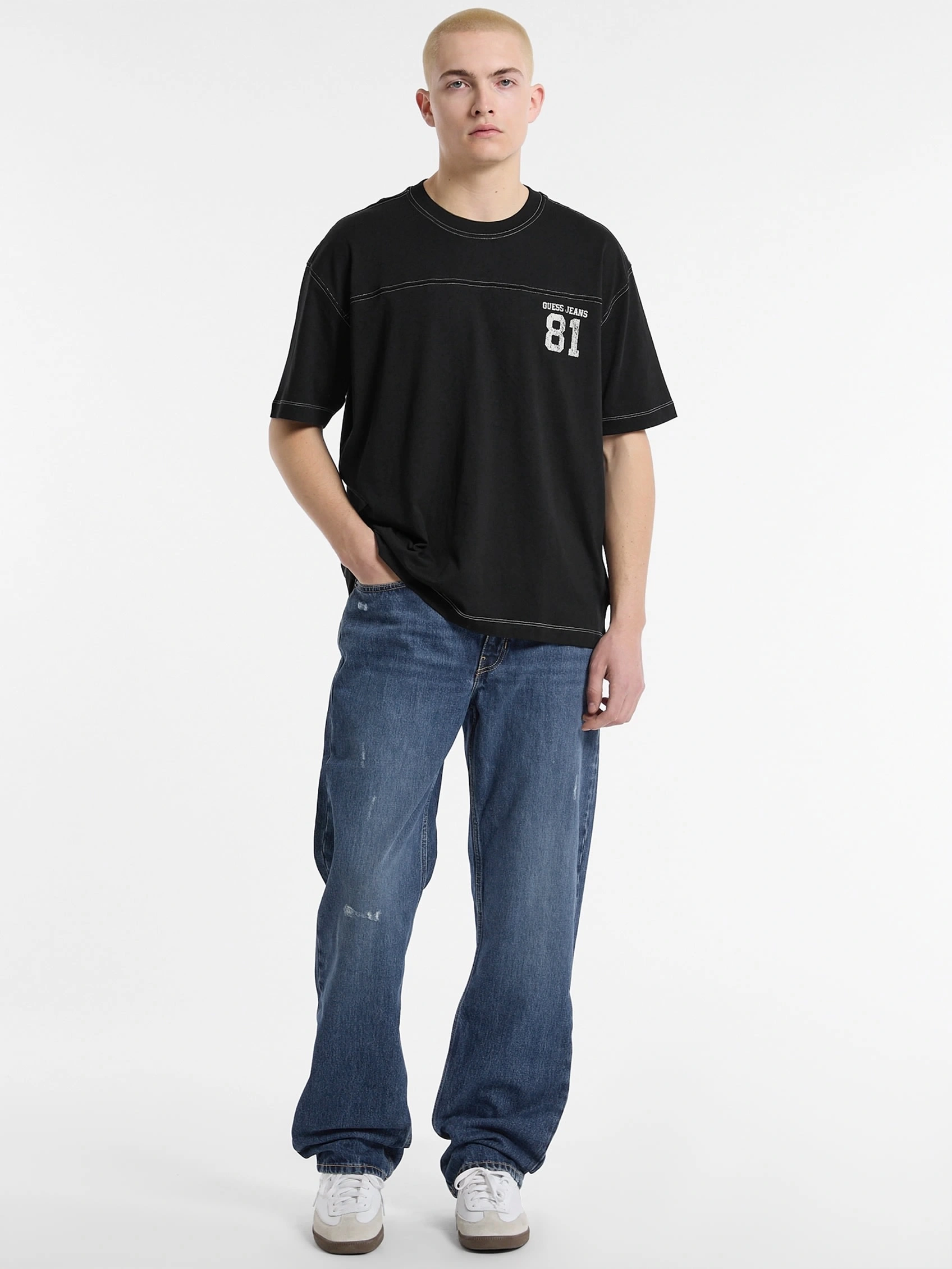 GUESS Erkek Siyah Pamuk T-shirt Logolu, Regular Fit