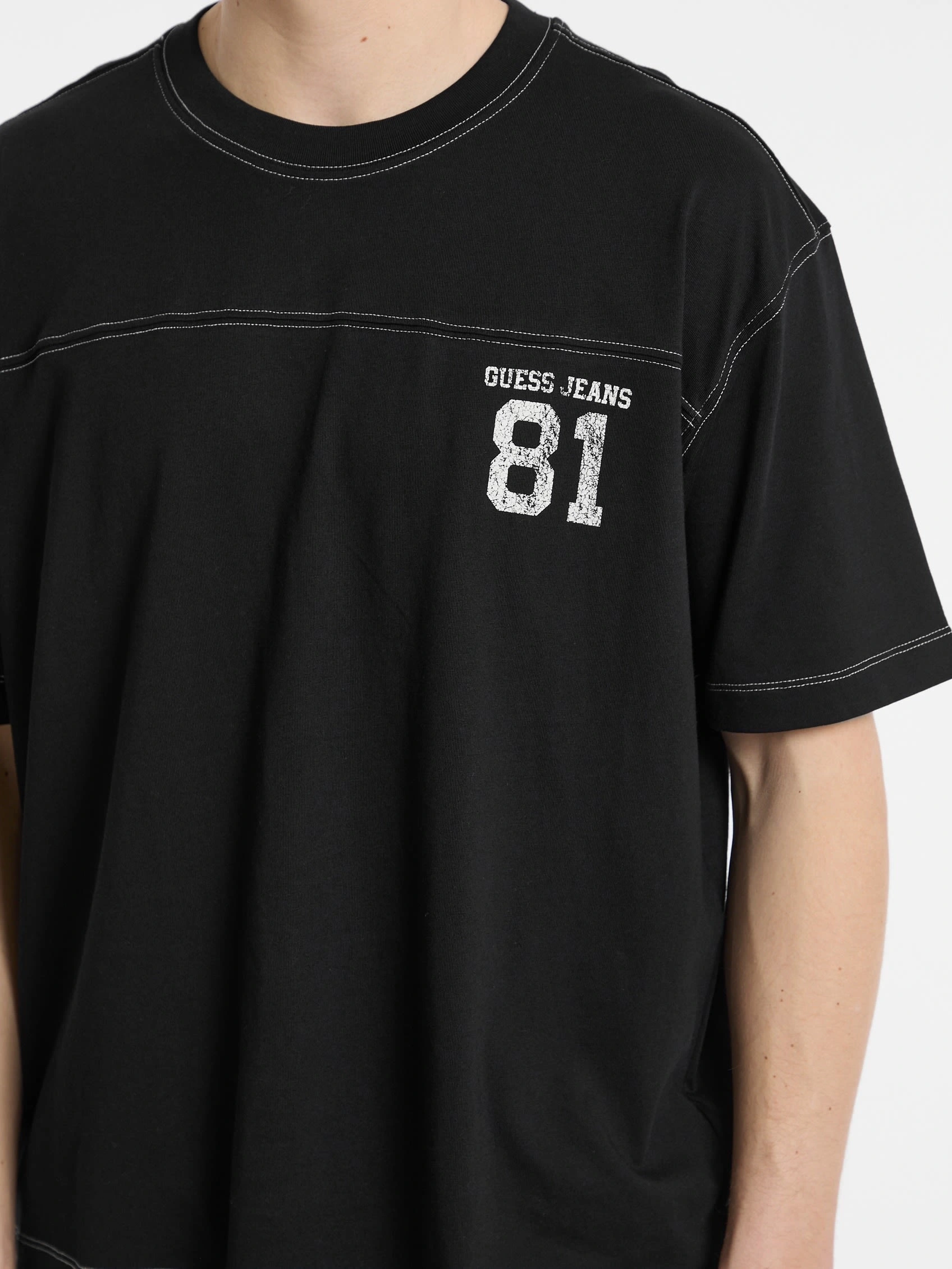 GUESS Erkek Siyah Pamuk T-shirt Logolu, Regular Fit