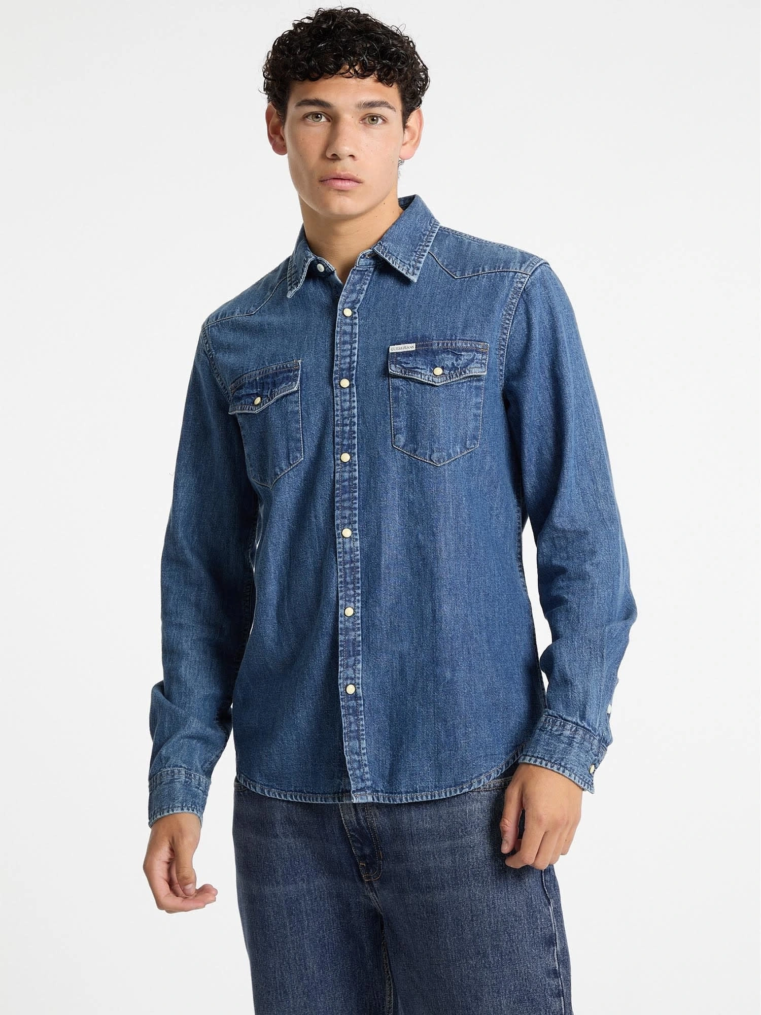 Guess Jeans Erkek Mavi Slim Uzun Kol Denim Gömlek
