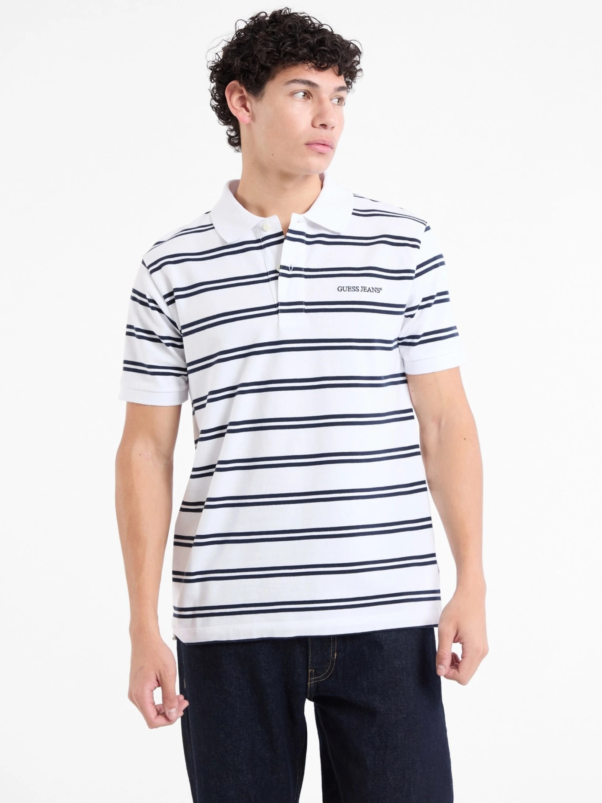 Guess Jeans  Erkek Polo Yaka Beyaz Siyah Çizgili T-shirt