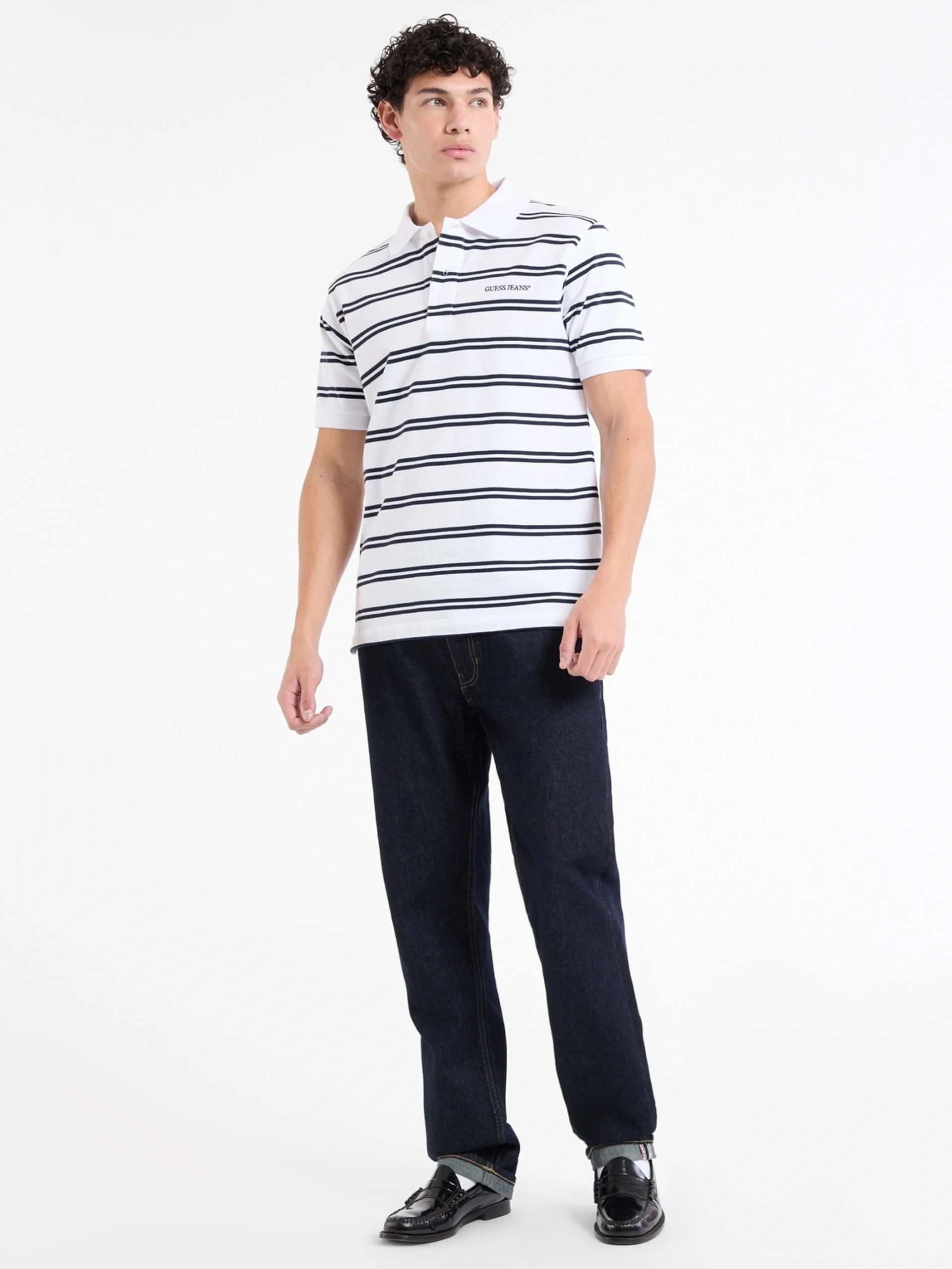 Guess Jeans  Erkek Polo Yaka Beyaz Siyah Çizgili T-shirt