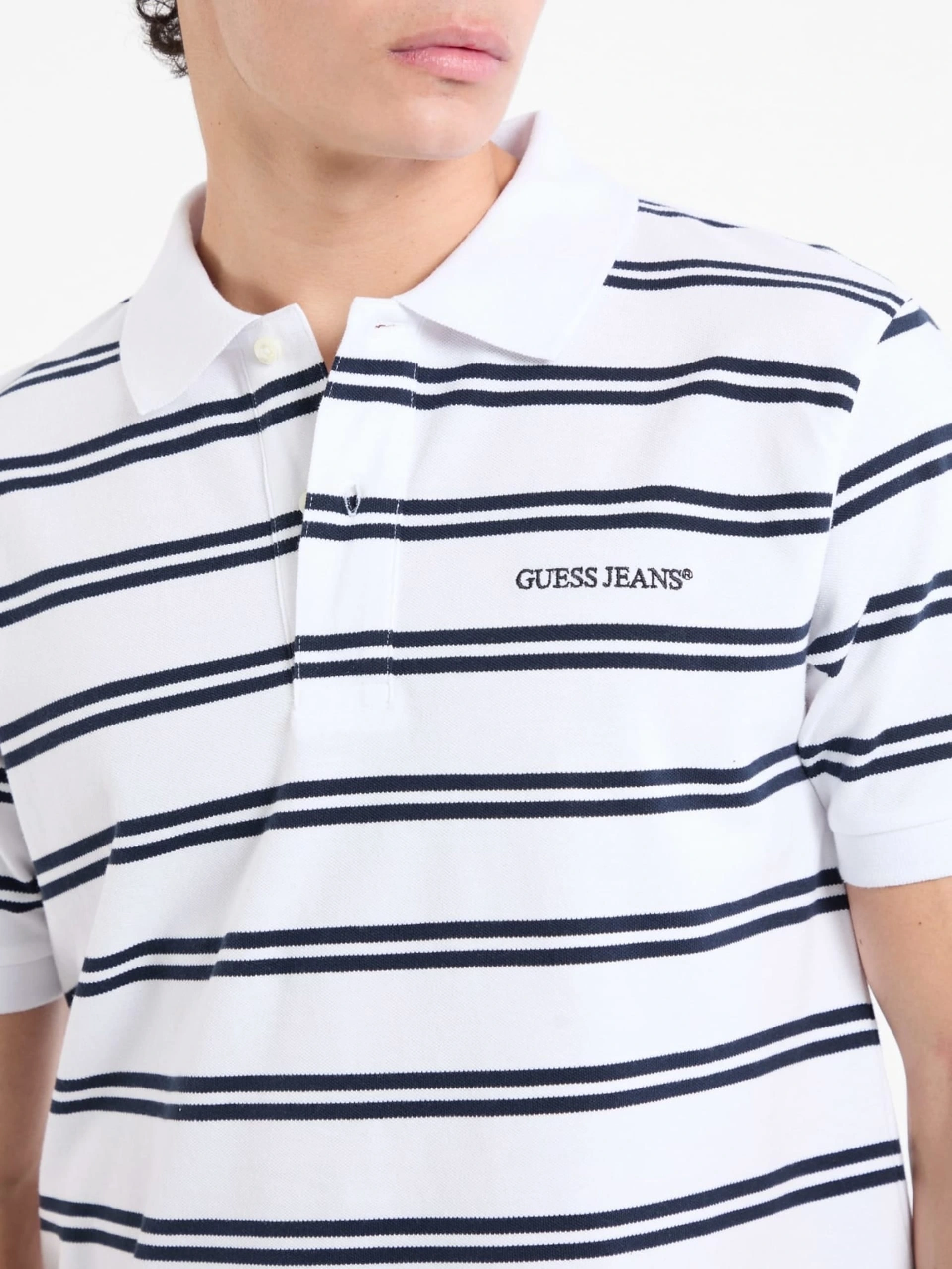 Guess Jeans  Erkek Polo Yaka Beyaz Siyah Çizgili T-shirt