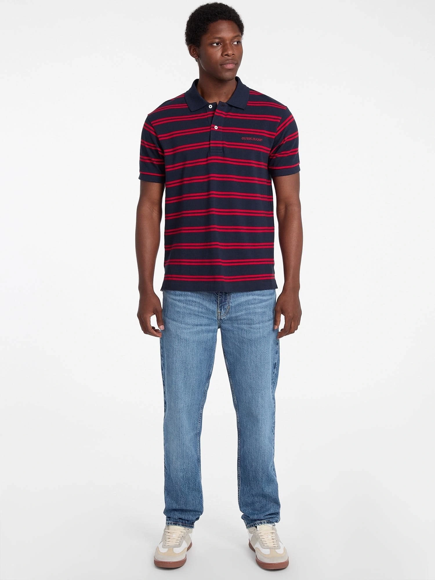 Guess Jeans  Erkek Polo Yaka Siyah Kırmızı Çizgili T-Shirt