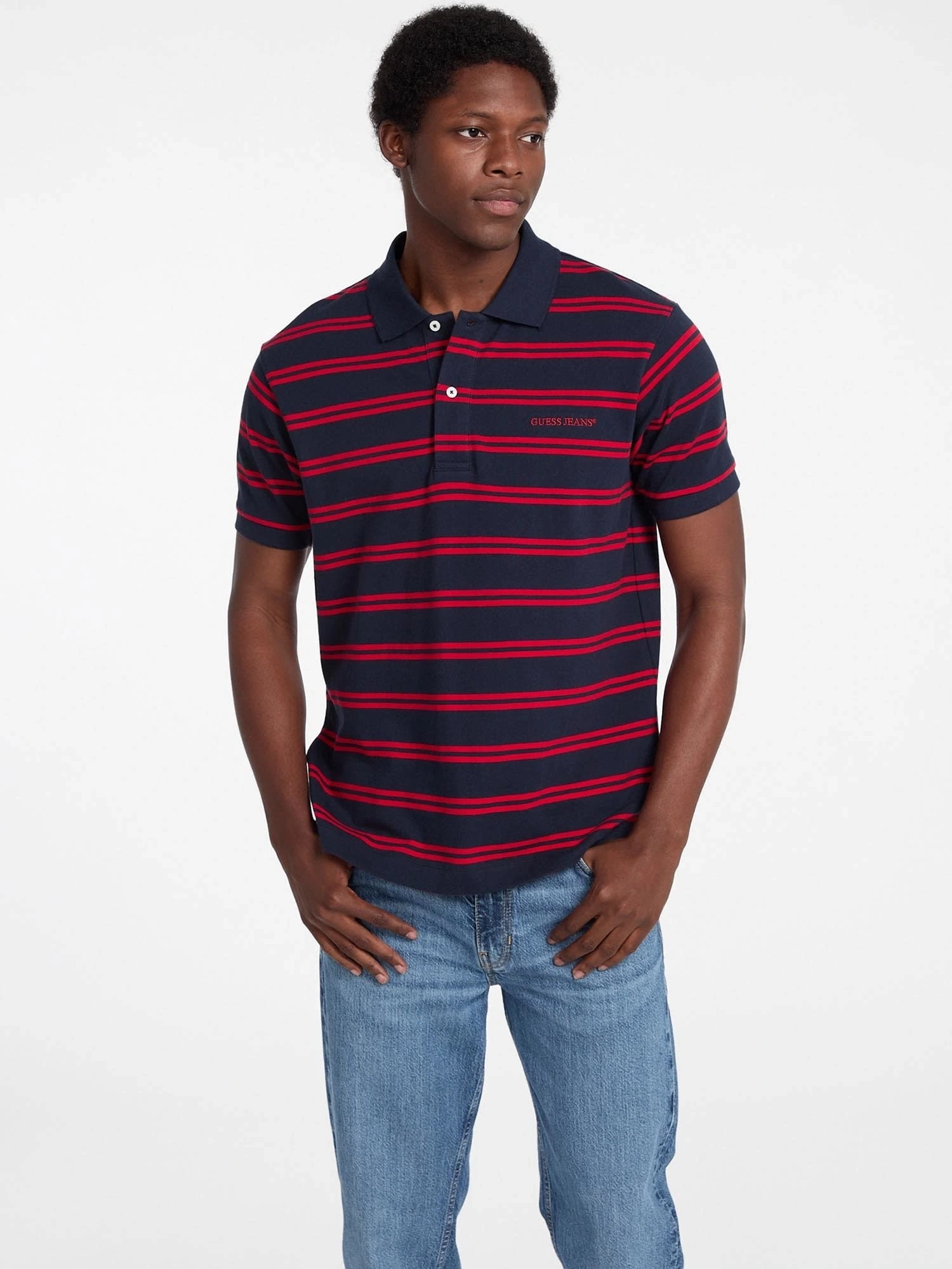 Guess Jeans  Erkek Polo Yaka Siyah Kırmızı Çizgili T-Shirt
