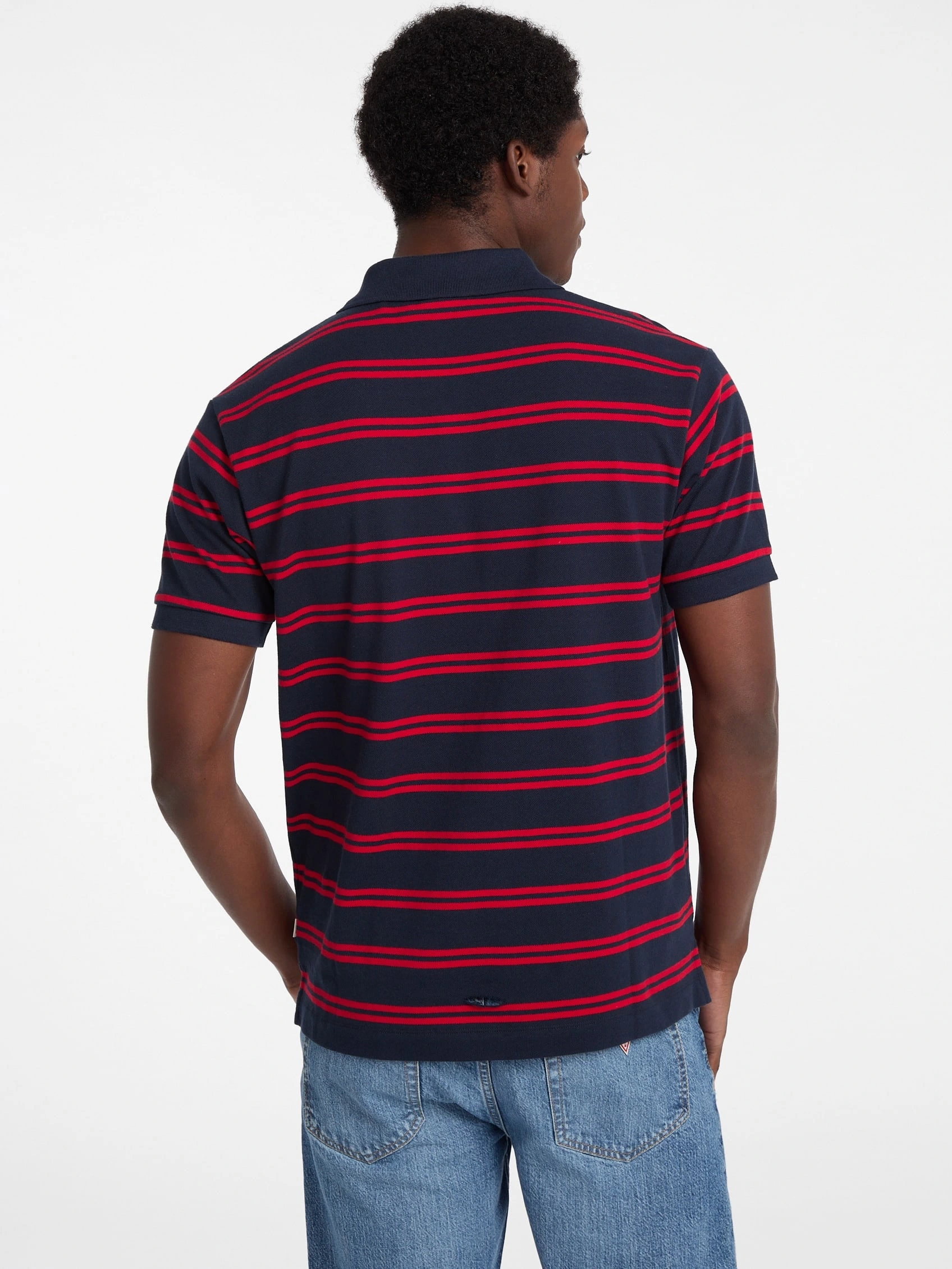 Guess Jeans  Erkek Polo Yaka Siyah Kırmızı Çizgili T-Shirt