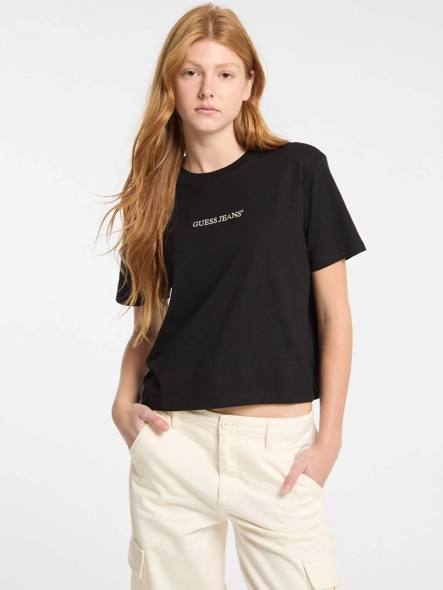 GUESS JEANS Kadın Crop Boxy T-shirt Nakış İşlemeli Siyah