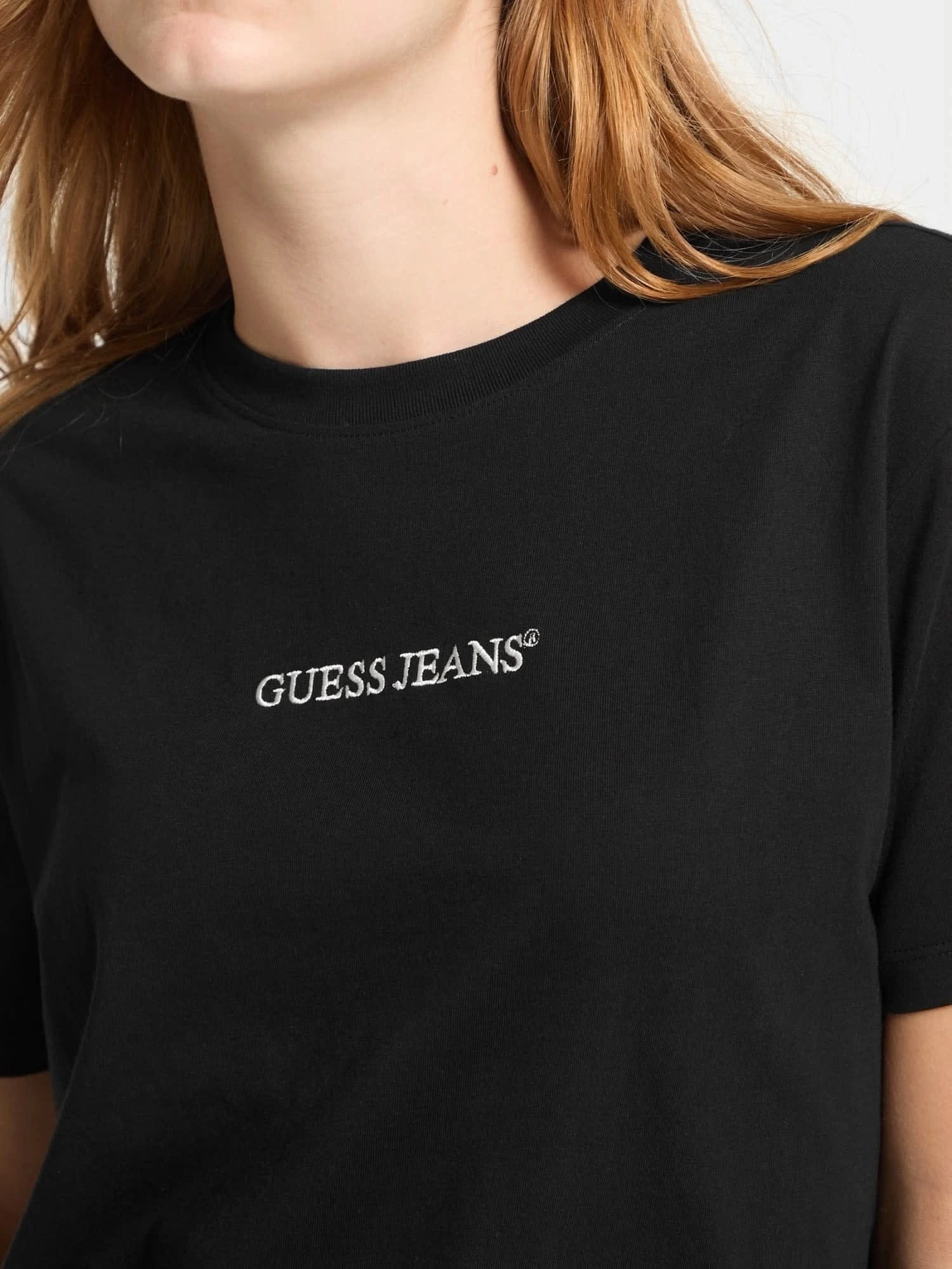 GUESS JEANS Kadın Crop Boxy T-shirt Nakış İşlemeli Siyah