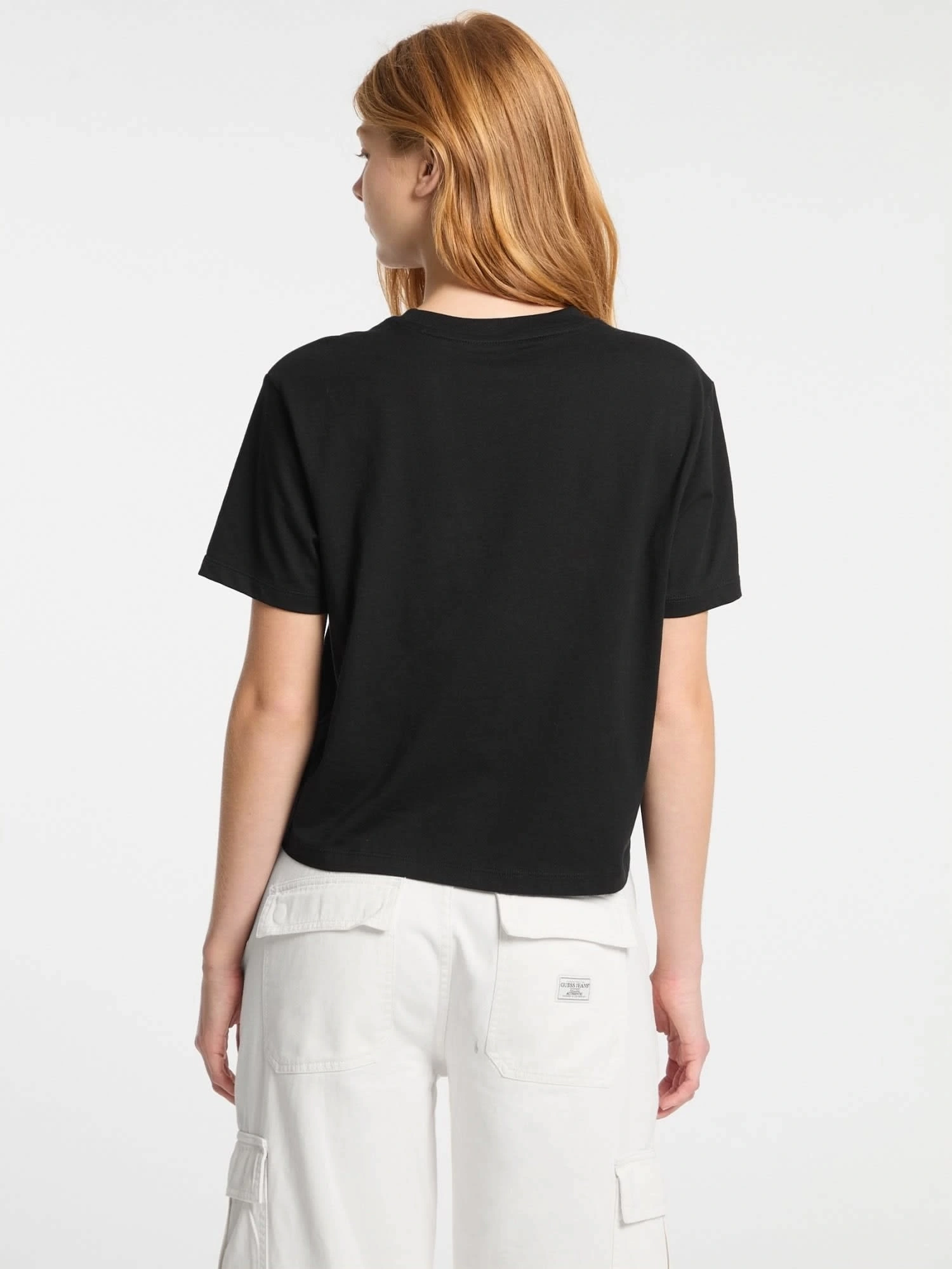 GUESS JEANS Kadın Crop Boxy T-shirt Nakış İşlemeli Siyah