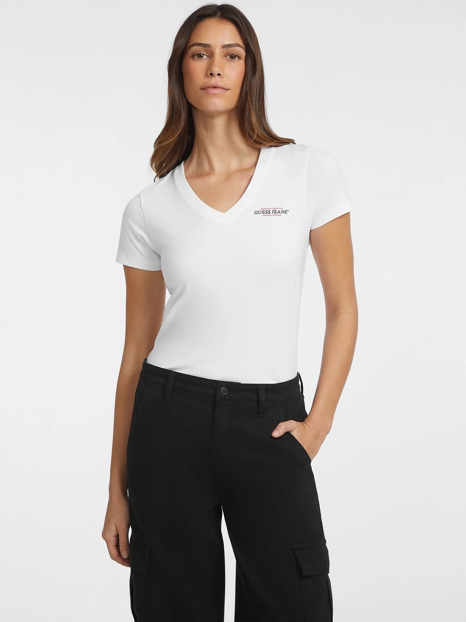 Guess Jeans Kadın Mini Beyaz V Yaka T-Shirt