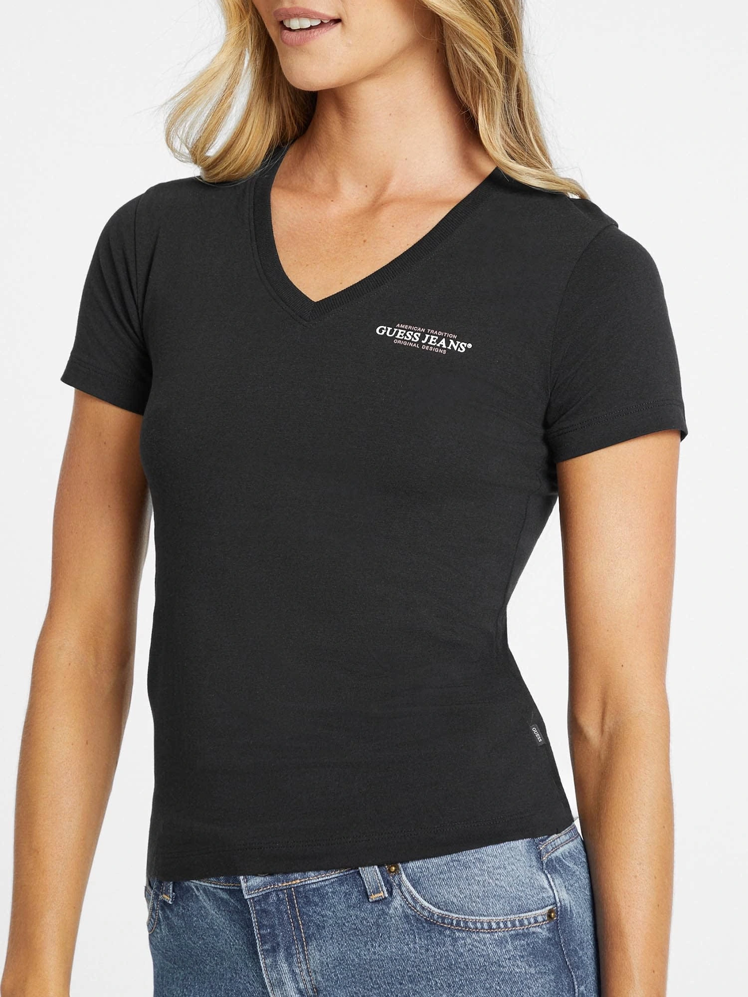 Guess Jeans Kadın Mini Siyah V Yaka T-Shirt