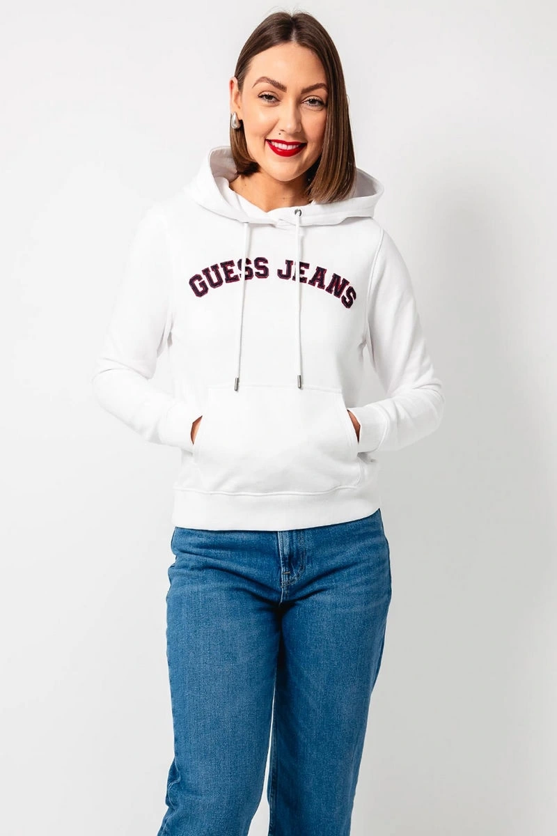 GUESS JEANS Kadın Motifli Kapüşonlu Hoodie Beyaz