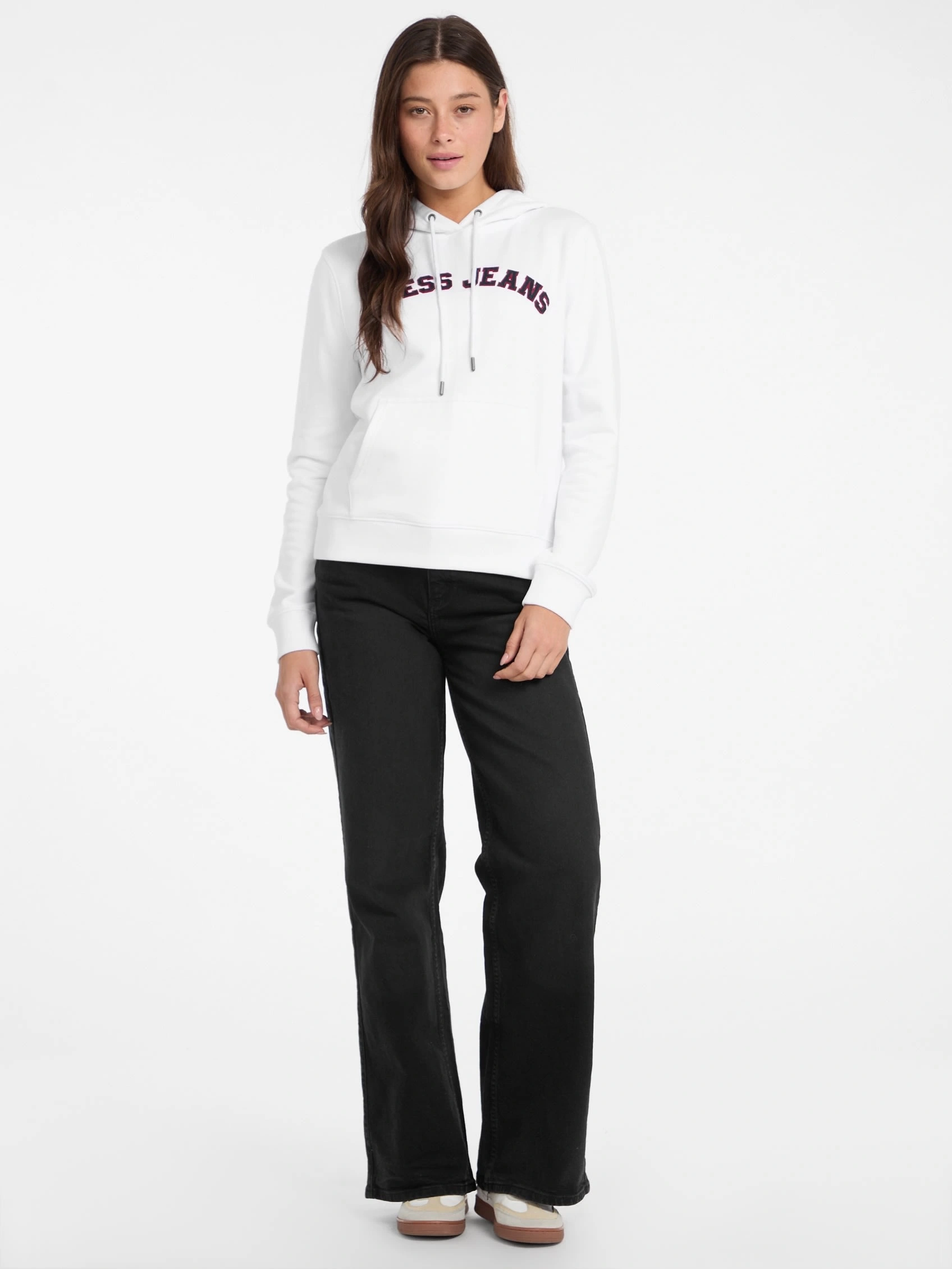 GUESS JEANS Kadın Motifli Kapüşonlu Hoodie Beyaz