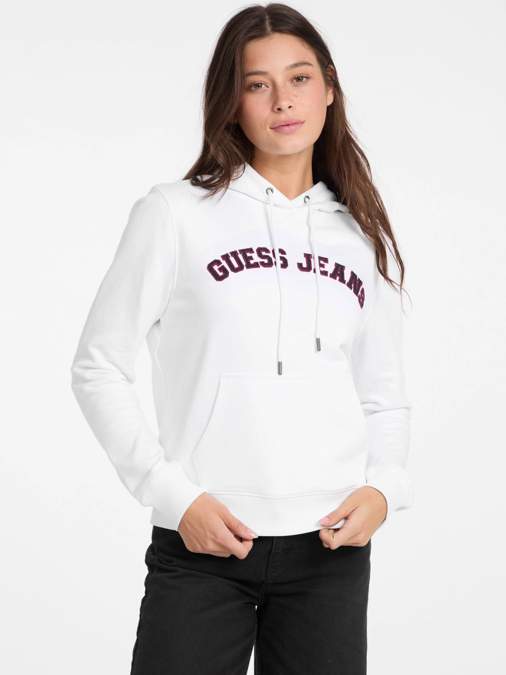 GUESS JEANS Kadın Motifli Kapüşonlu Hoodie Beyaz