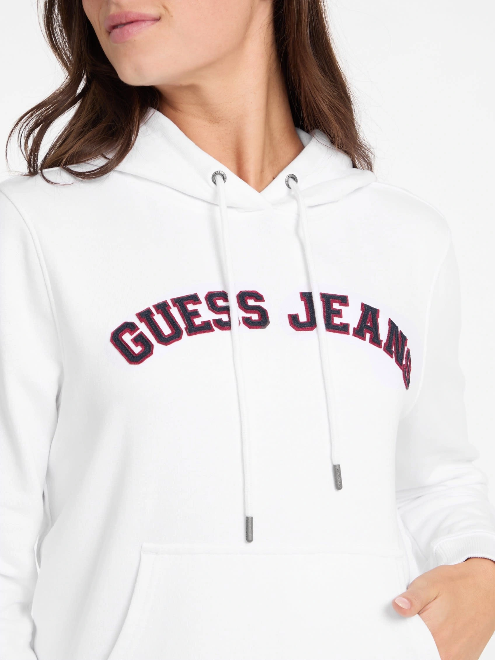 GUESS JEANS Kadın Motifli Kapüşonlu Hoodie Beyaz
