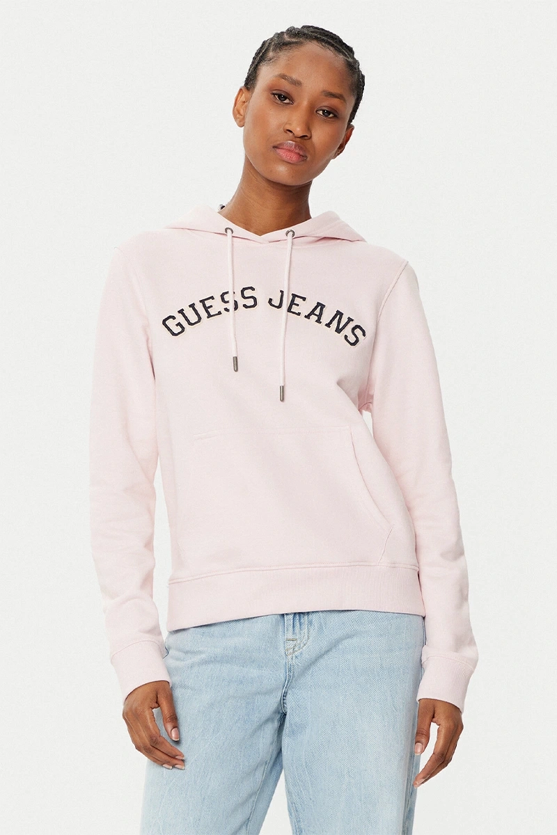 GUESS JEANS Kadın Motifli Kapüşonlu Hoodie Pembe