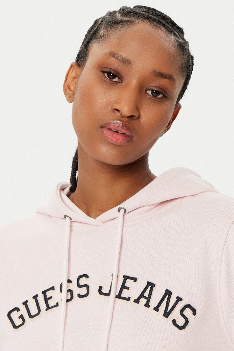 GUESS JEANS Kadın Motifli Kapüşonlu Hoodie Pembe