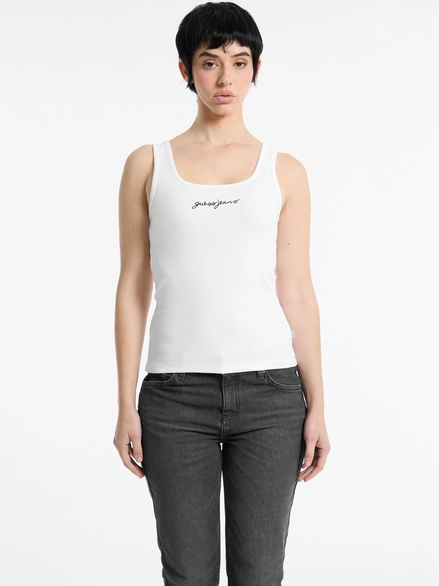 GUESS JEANS Kadın Nakış İşlemeli Kolsuz T-shirt Beyaz