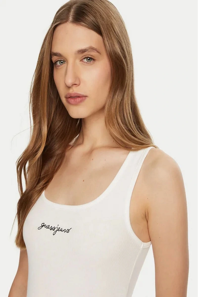 GUESS JEANS Kadın Nakış İşlemeli Kolsuz T-shirt Beyaz