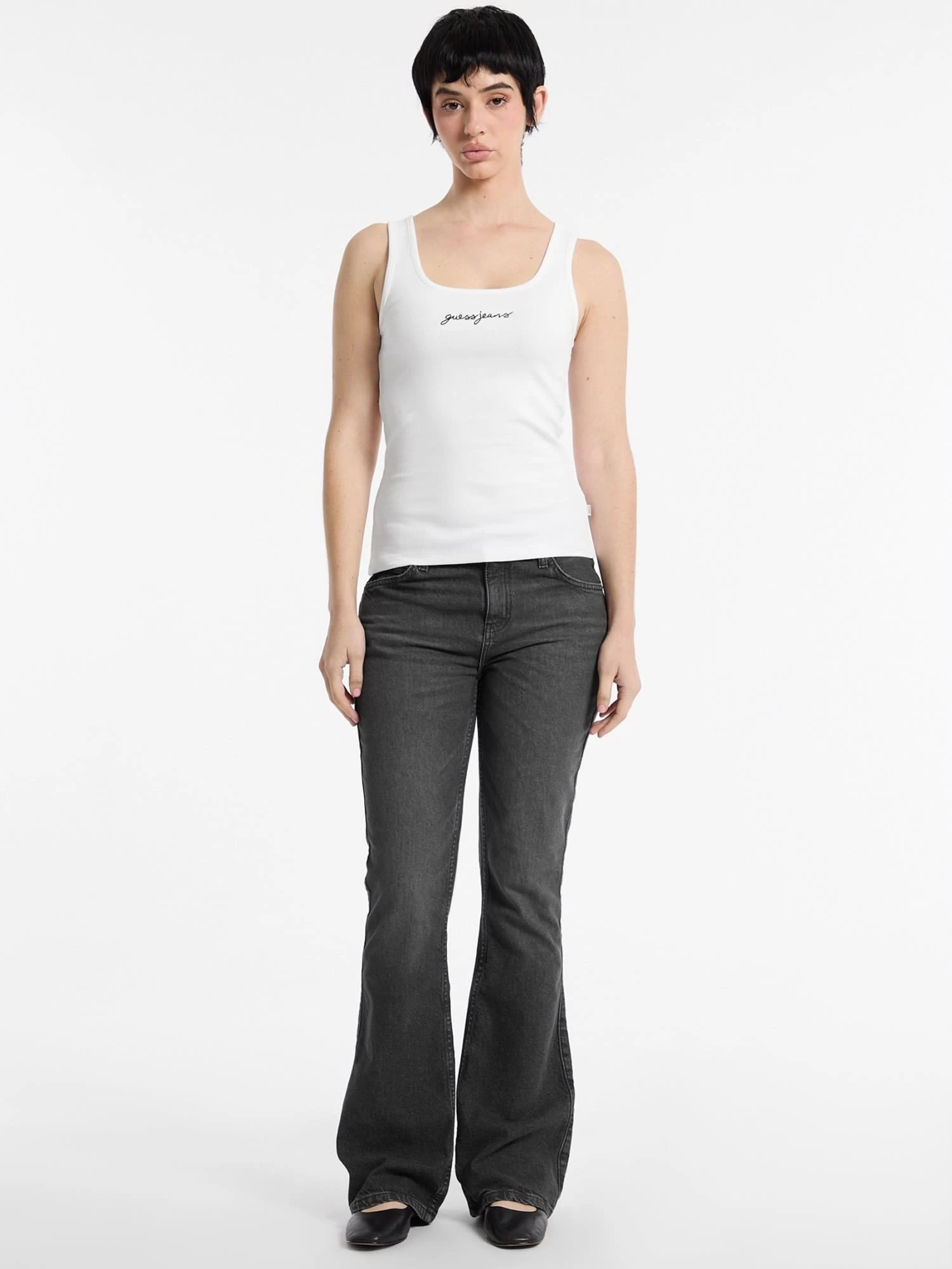 GUESS JEANS Kadın Nakış İşlemeli Kolsuz T-shirt Beyaz