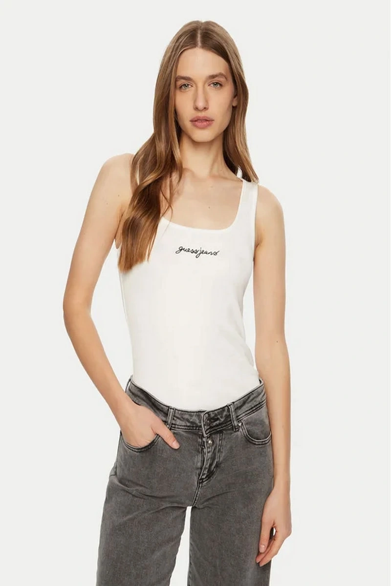 GUESS JEANS Kadın Nakış İşlemeli Kolsuz T-shirt Beyaz