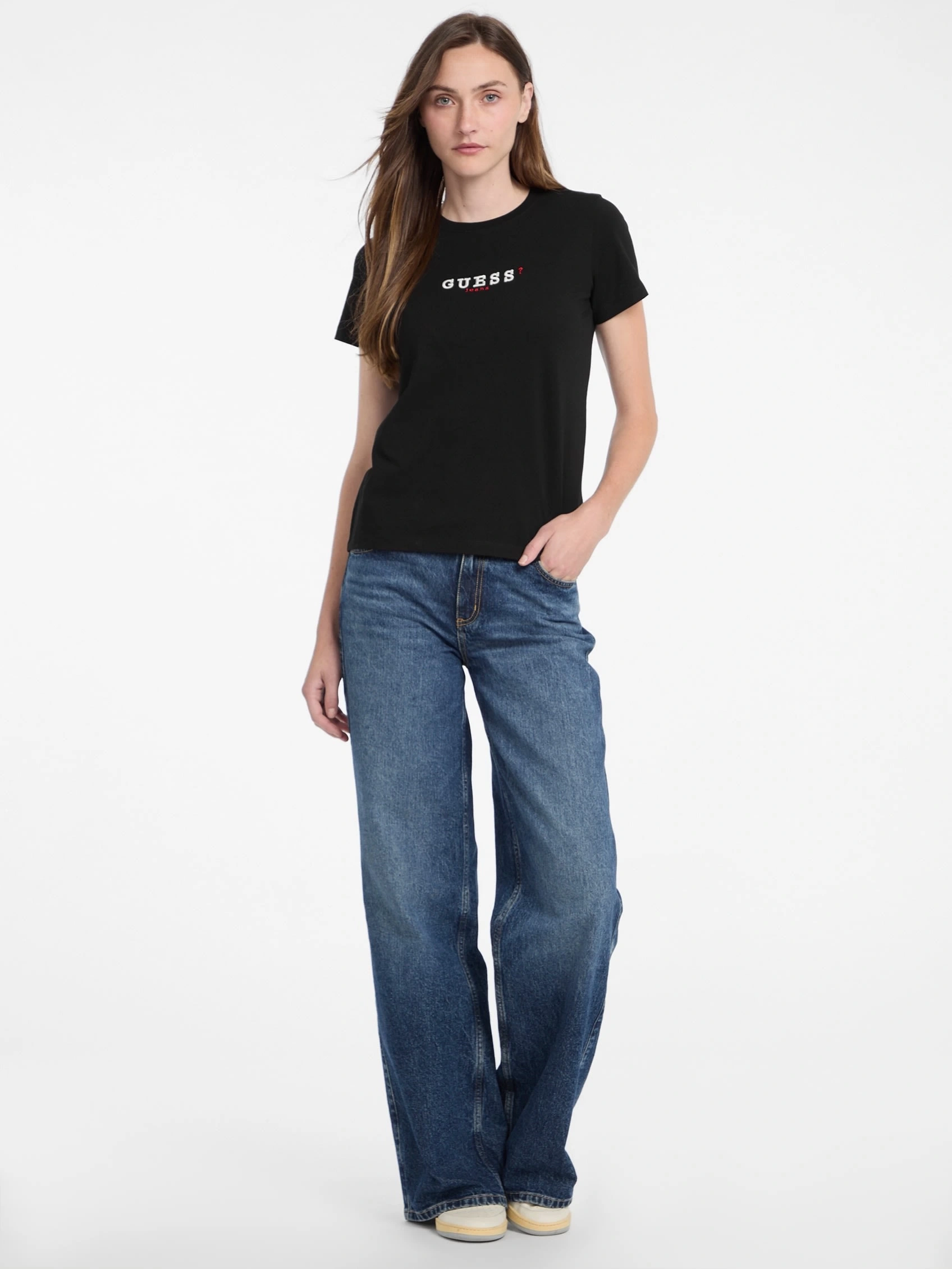 Guess Jeans  Kadın Nakış İşlemeli Siyah T-Shirt