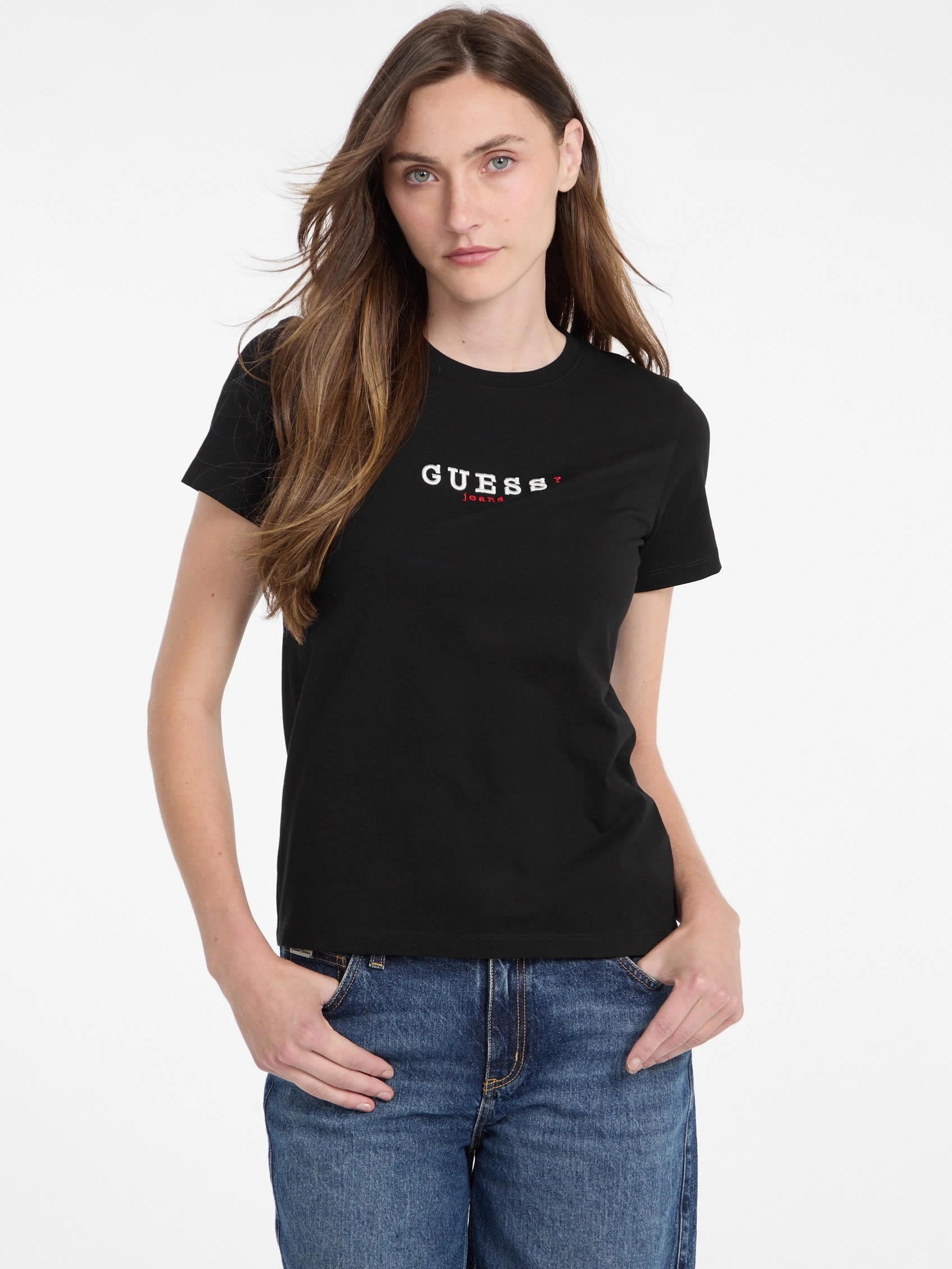 Guess Jeans  Kadın Nakış İşlemeli Siyah T-Shirt