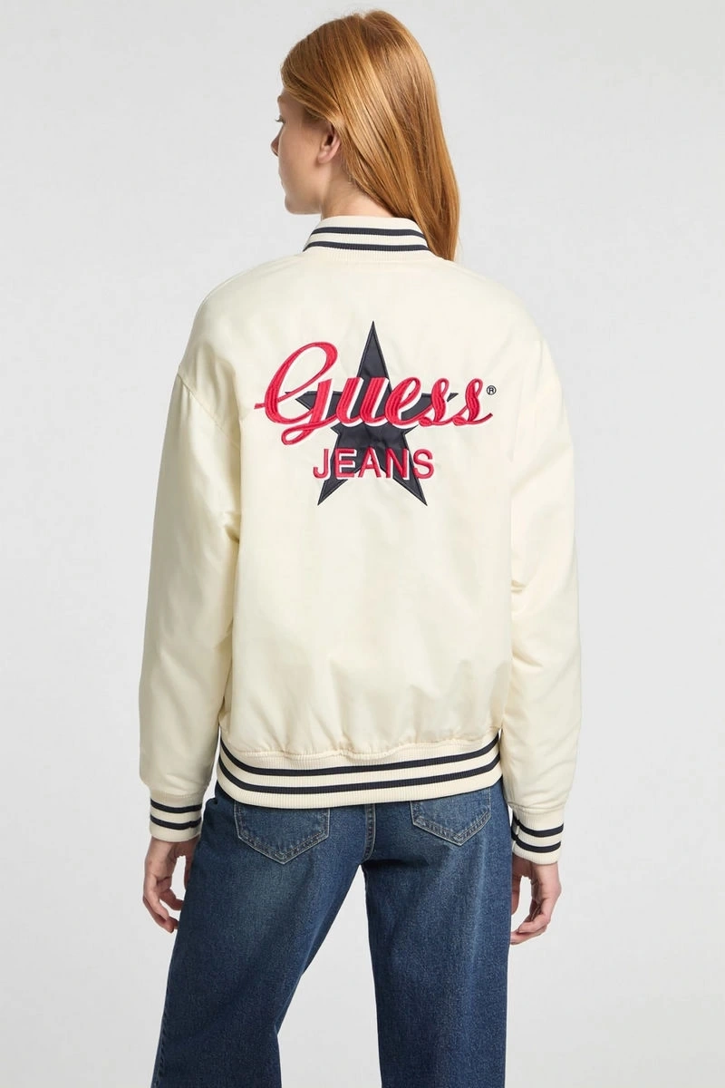 GUESS JEANS Kadın Varsity Ceketi Şerit Detaylı Bej Ceket